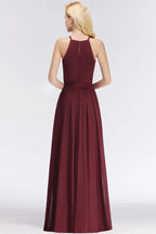 Vestidos de Dama de Honra em Chiffon Borgonha com Folhos, Sem Mangas, Corte em A e Estilo Halter