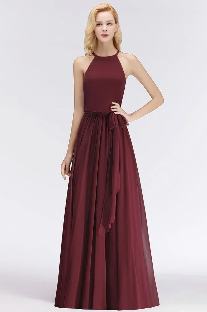 Vestidos de Dama de Honra em Chiffon Borgonha com Folhos, Sem Mangas, Corte em A e Estilo Halter