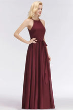 Vestidos de Dama de Honra em Chiffon Borgonha com Folhos, Sem Mangas, Corte em A e Estilo Halter
