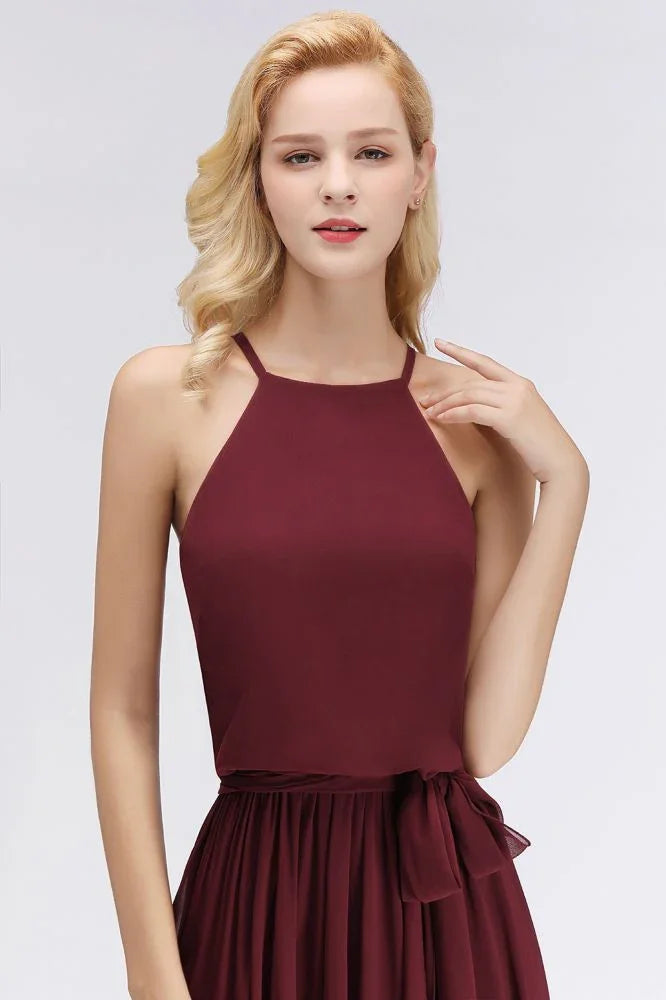 Vestidos de Dama de Honra em Chiffon Borgonha com Folhos, Sem Mangas, Corte em A e Estilo Halter