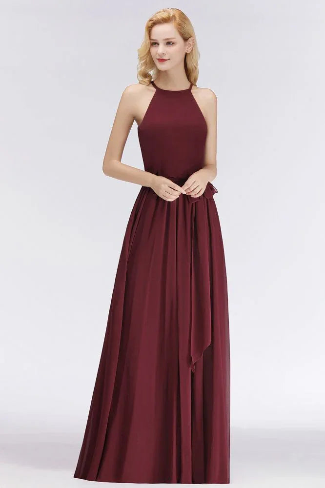 Vestidos de Dama de Honra em Chiffon Borgonha com Folhos, Sem Mangas, Corte em A e Estilo Halter