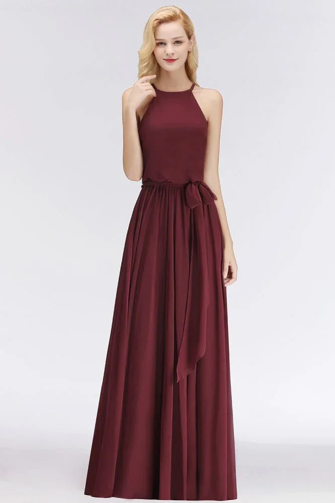 Vestidos de Dama de Honra em Chiffon Borgonha com Folhos, Sem Mangas, Corte em A e Estilo Halter