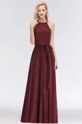 Vestidos de Dama de Honra em Chiffon Borgonha com Folhos, Sem Mangas, Corte em A e Estilo Halter