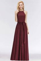 Vestidos de Dama de Honra em Chiffon Borgonha com Folhos, Sem Mangas, Corte em A e Estilo Halter