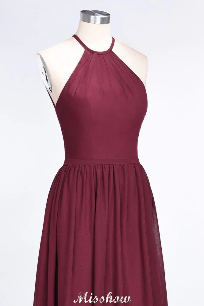 Halter ärmelloses bodenlanges Brautjungfernkleid mit Rüschen