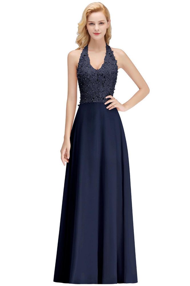 Vestido de Festa Sem Mangas com Aplicações Florais, Corte A, Comprimento Até ao Chão, Vestido de Dama de Honra
