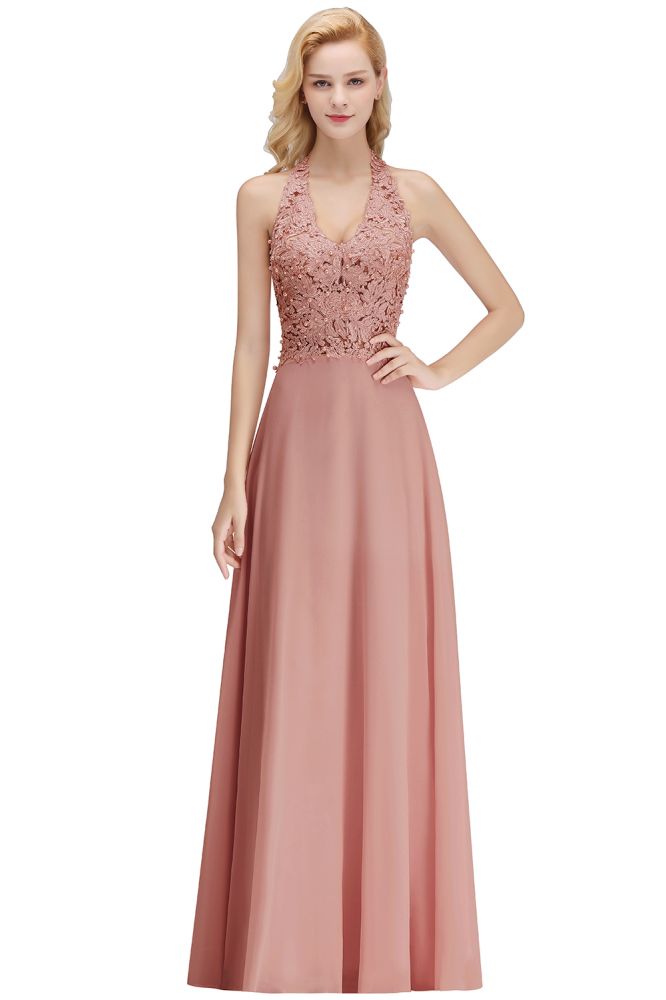Vestido de Festa Sem Mangas com Aplicações Florais, Corte A, Comprimento Até ao Chão, Vestido de Dama de Honra