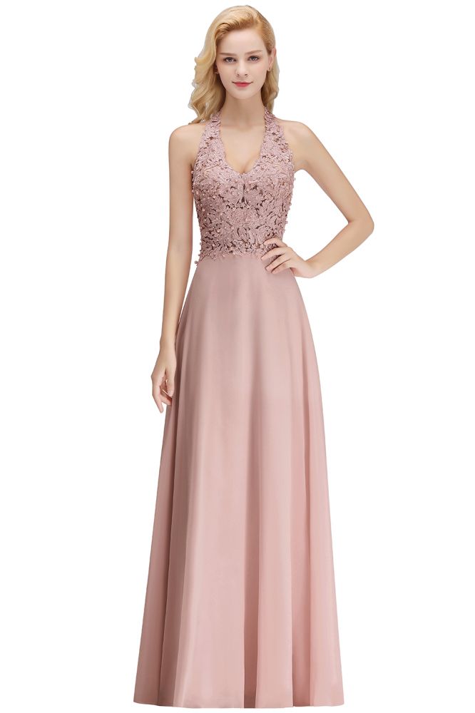 Vestido de Festa Sem Mangas com Aplicações Florais, Corte A, Comprimento Até ao Chão, Vestido de Dama de Honra