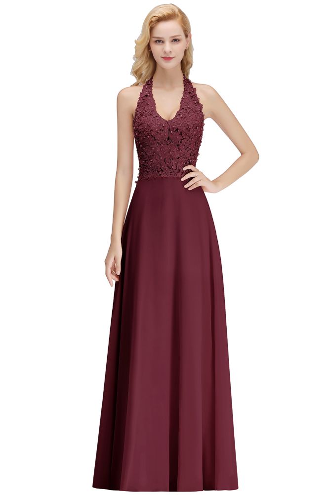 Vestido de Festa Sem Mangas com Aplicações Florais, Corte A, Comprimento Até ao Chão, Vestido de Dama de Honra
