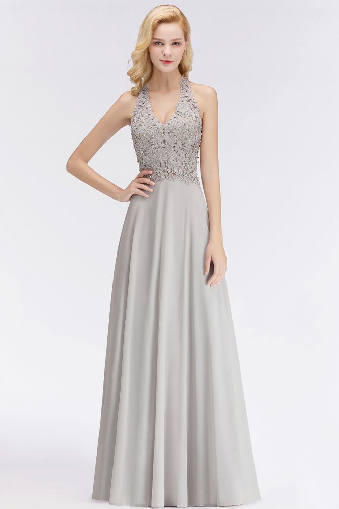 Vestido de Festa Sem Mangas com Aplicações Florais, Corte A, Comprimento Até ao Chão, Vestido de Dama de Honra