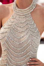Halter Sleeveless Long Sequined Pattern Mermaid Evening Dress