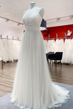 Halter Neck Tulle Ivory Lace Backless A Line Wedding Dress With Sweep Train