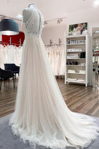 Halter Neck Tulle Ivory Lace Backless A Line Wedding Dress With Sweep Train
