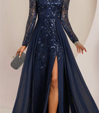 Floor-Length Mother Of The Bride A-Line Dress With Scoop Neck Sleeves Sequins