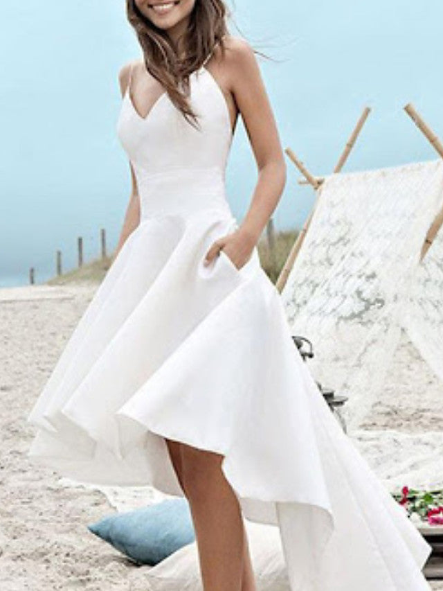High Low A-Linie V-Ausschnitt Spaghettiträger Satin Brautkleider mit Taschen
