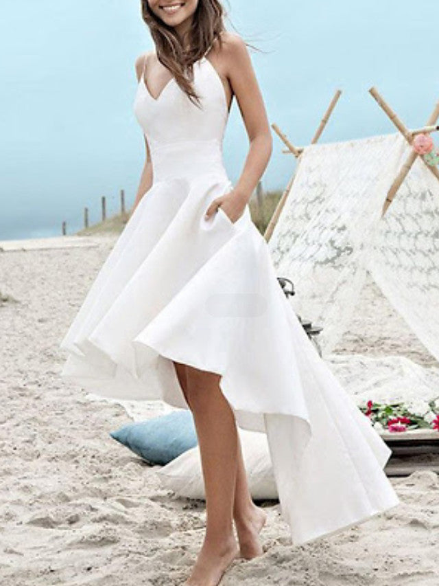 High Low A-Linie V-Ausschnitt Spaghettiträger Satin Brautkleider mit Taschen