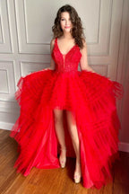 Robe de bal rouge en tulle et dentelle, décolleté en V, ligne A, longue et courte, robe de soirée formelle