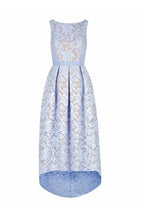 Hoch-Tief Bateau Ärmelloses Hellhimmelblaues Spitzenkleid für Brautjungfern BD046