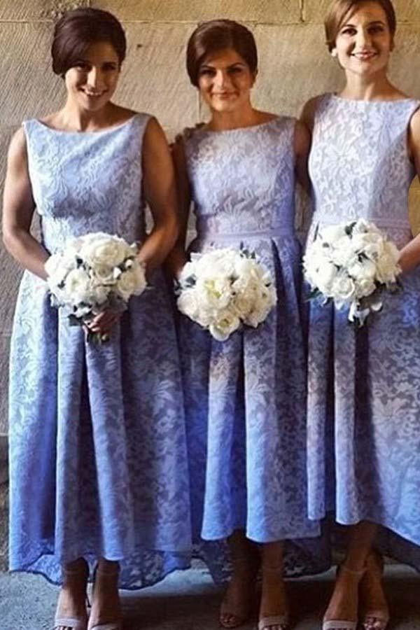 Hoch-Tief Bateau Ärmelloses Hellhimmelblaues Spitzenkleid für Brautjungfern BD046