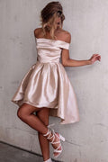 High Low Off-the-Shoulder Pleated Satin Homecoming Dress