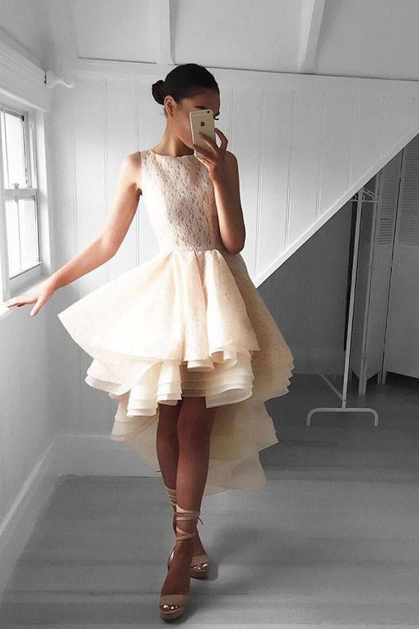 Vestito corto per festa di ritorno a casa con pizzo pesca alto basso PG142