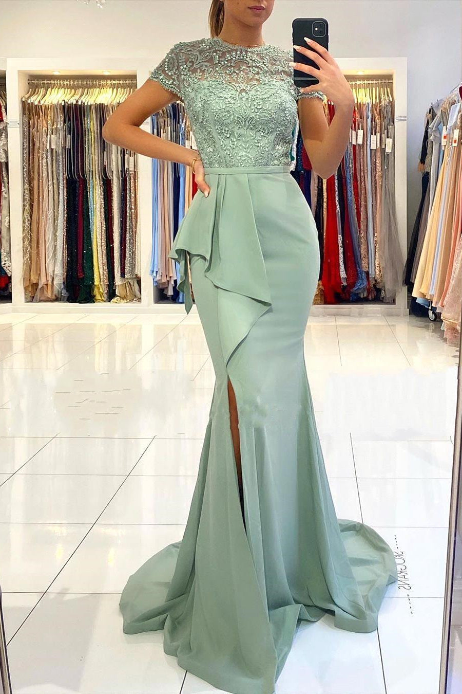 High neck Lace column Long Buttons Split Short sleeves Evening Dress