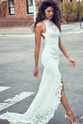 Robes de mariée sirène à col haut, dos en dentelle et traîne de cour