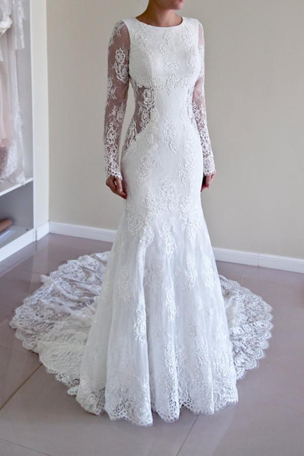 Robe de mariée sirène de haute qualité à dos ouvert en forme de décolleté en U avec manches longues
