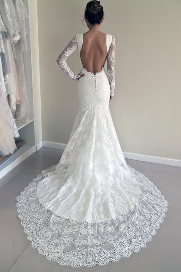 Robe de mariée sirène de haute qualité à dos ouvert en forme de décolleté en U avec manches longues