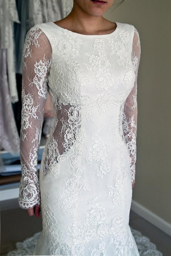 Vestido de Noiva Sereia de Alta Qualidade com Decote em U e Costas Descobertas, Mangas Compridas