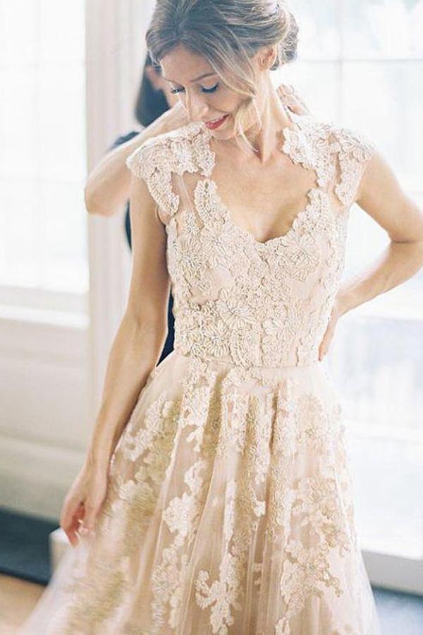 Robe de mariée longue jusqu'au sol sans manches à col en V de haute qualité avec dentelle