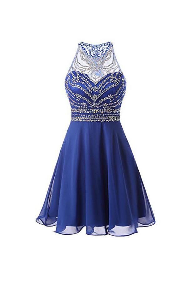 Blue A Line Chiffon Beaded Homecoming Dresses, Short Prom Dresses