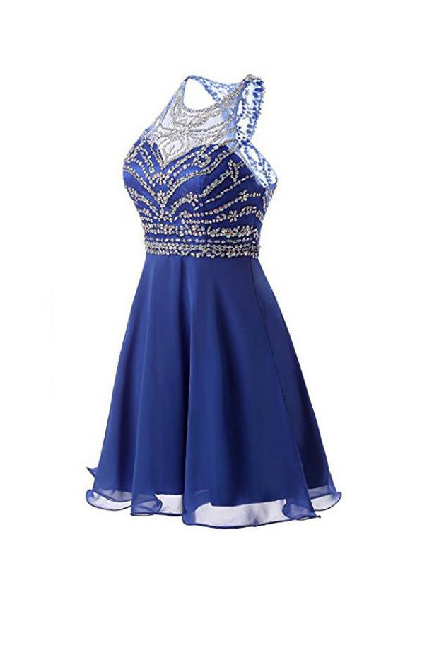Blue A Line Chiffon Beaded Homecoming Dresses, Short Prom Dresses