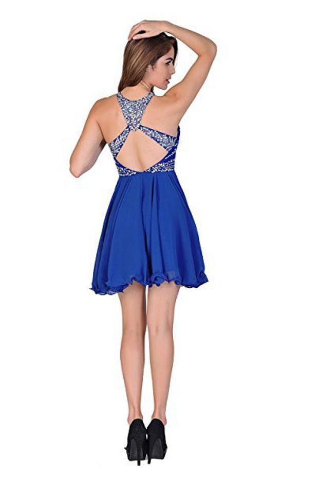 Blue A Line Chiffon Beaded Homecoming Dresses, Short Prom Dresses