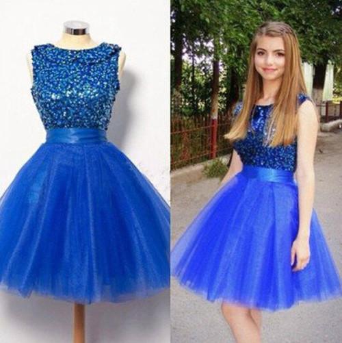 Abito da cerimonia corto a linea ad A blu reale lucido, abito per festa di fine anno per ragazze