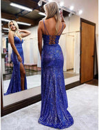 Mermaid Trumpet Prom Dresses Sparkle Shine Dress Formal Wedding Party Sweep Brush Train Sleeveless V Neck Sequined Backless with Glitter Sequin