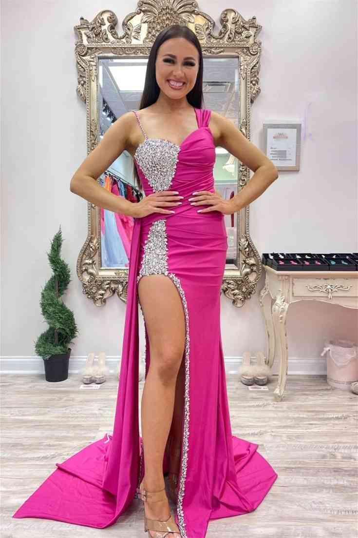 Kaydence | Chic Asymmertrical Fuchsia Beaded Long Porm Dress