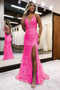 Hot Pink Sparkly Prom Dress With Slit Sequin Lace Dress