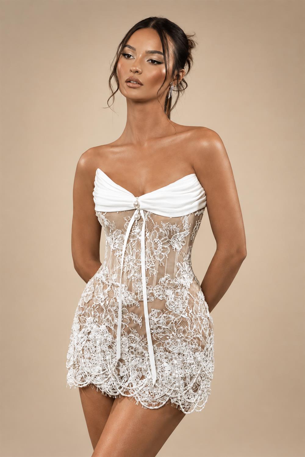 White Strapless Sheer Lace Corset Mini Wedding Dress ZP002