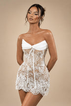 White Strapless Sheer Lace Corset Mini Wedding Dress ZP002