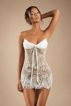 White Strapless Sheer Lace Corset Mini Wedding Dress ZP002