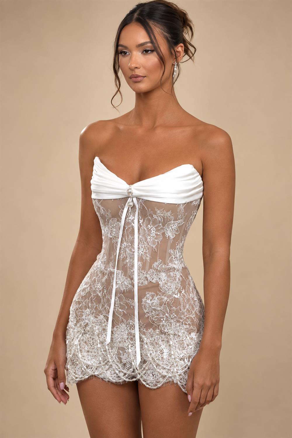 White Strapless Sheer Lace Corset Mini Wedding Dress ZP002