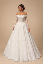 White Lace and Tulle Ball Gown Wedding Dress Off the Shoulder Beaded Bridal Dress ZP013