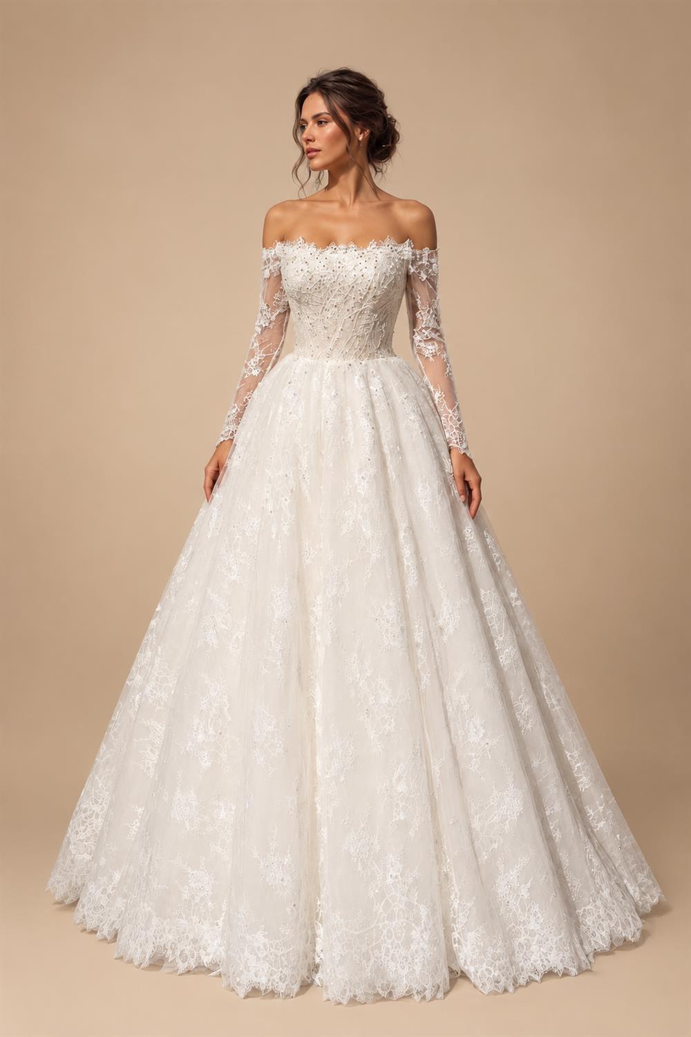 White Lace and Tulle Ball Gown Wedding Dress Off the Shoulder Beaded Bridal Dress ZP013