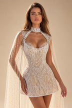 Luxury Beaded Halter Mini Wedding Dress  with Cape ZP021
