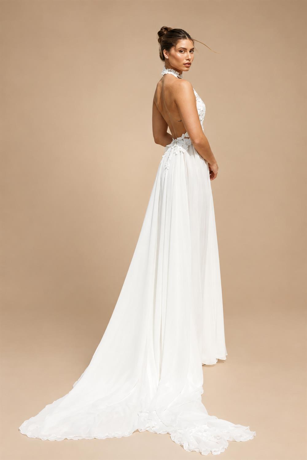 Romantic Halter Neck 3D Floral Lace Sheer Slit Wedding Dress ZP041
