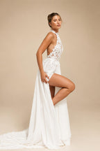 Romantic Halter Neck 3D Floral Lace Sheer Slit Wedding Dress ZP041