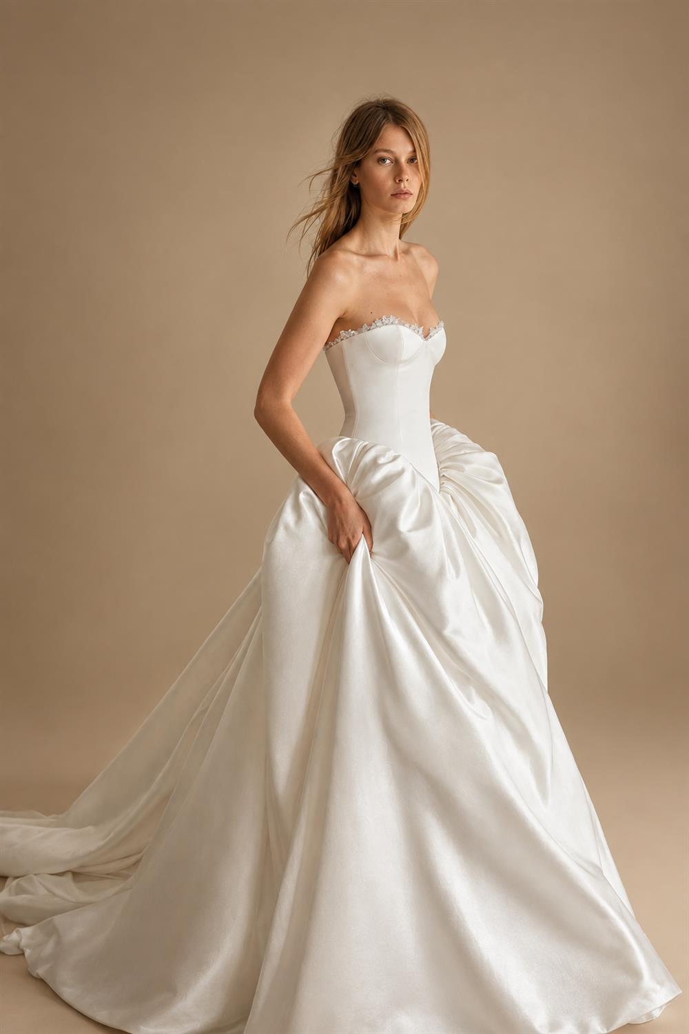 Minimalist Strapless Lace Trim Corset Satin Ball Gown Wedding Dress ZP043