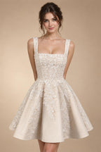 Romantic Champagne Sleeveless A-Line Short Wedding Dress with Deep V Back ZP046