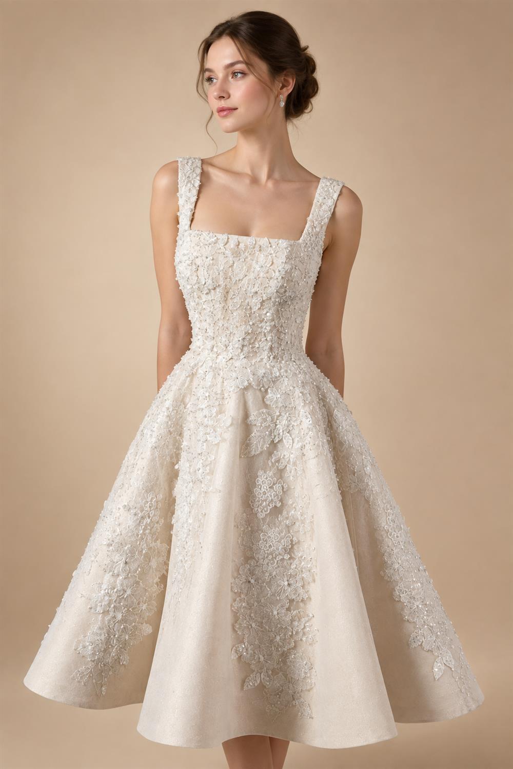Romantic Champagne Sleeveless A-Line Short Wedding Dress with Deep V Back ZP046